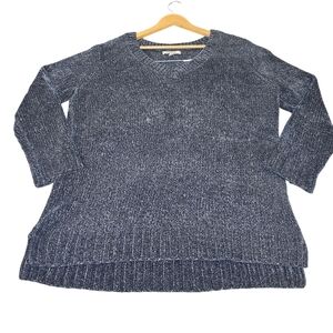 Orvis Chenille Soft Cozy Dark Blue/Gray V-Neck Knit Sweater, Women's Size XL